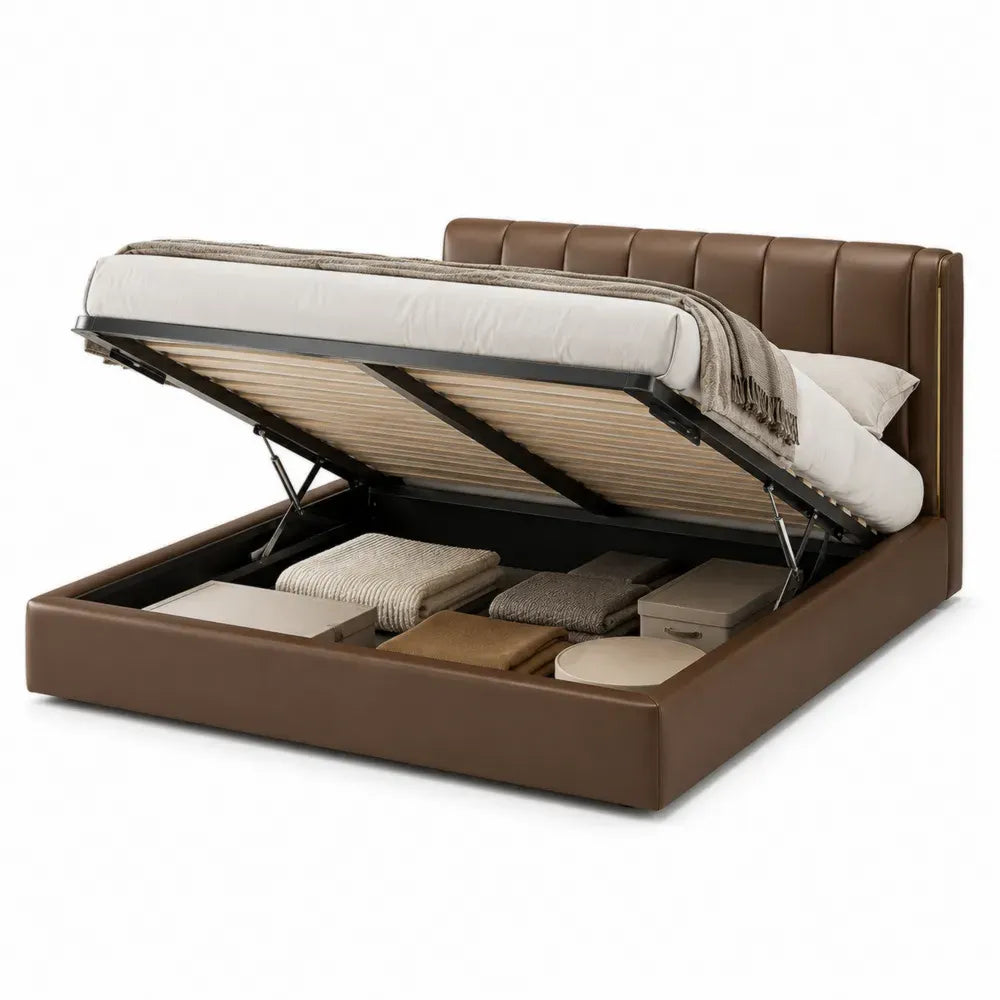 Cama con almacenamiento de polipiel marrón 200x160 cm
