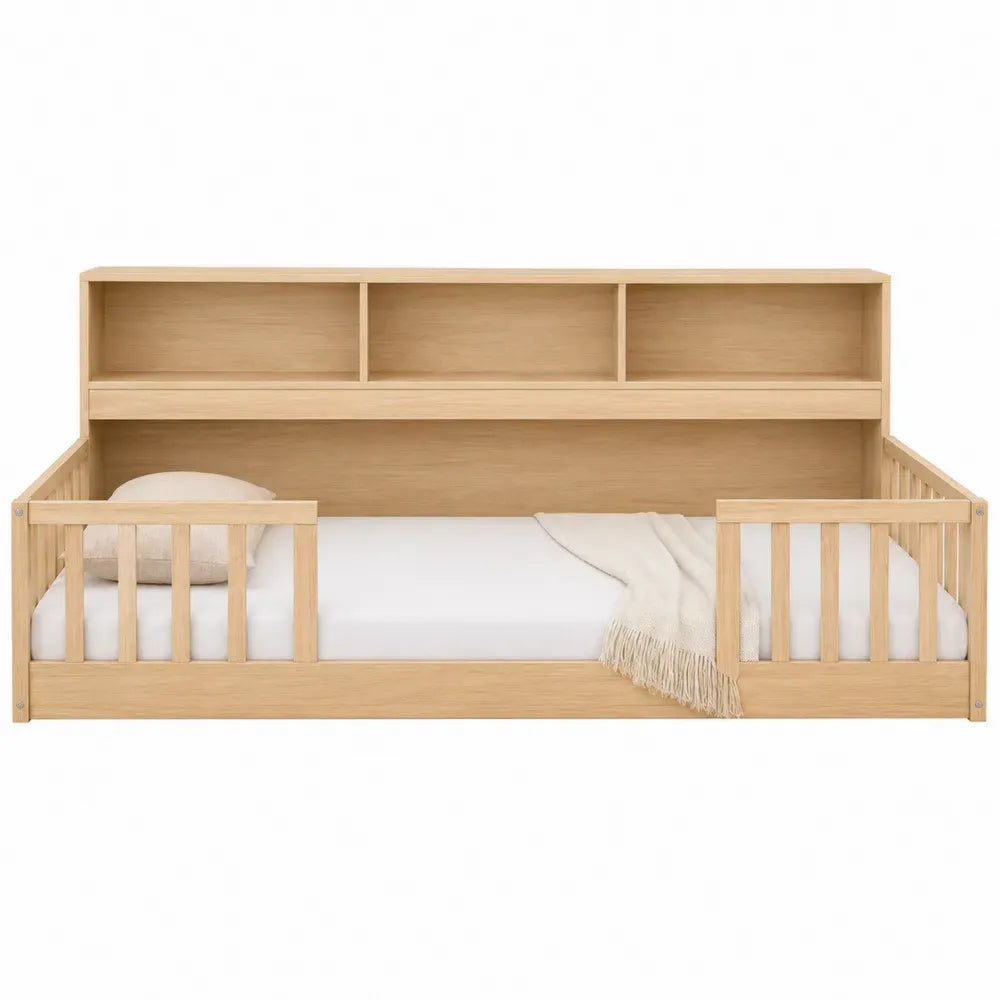 Cama infantil de madera de pino con estantería integrada 200x90 cm