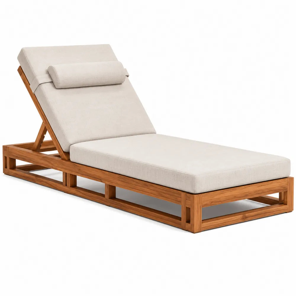 Tumbona de madera de teca con cojín de poliéster beige