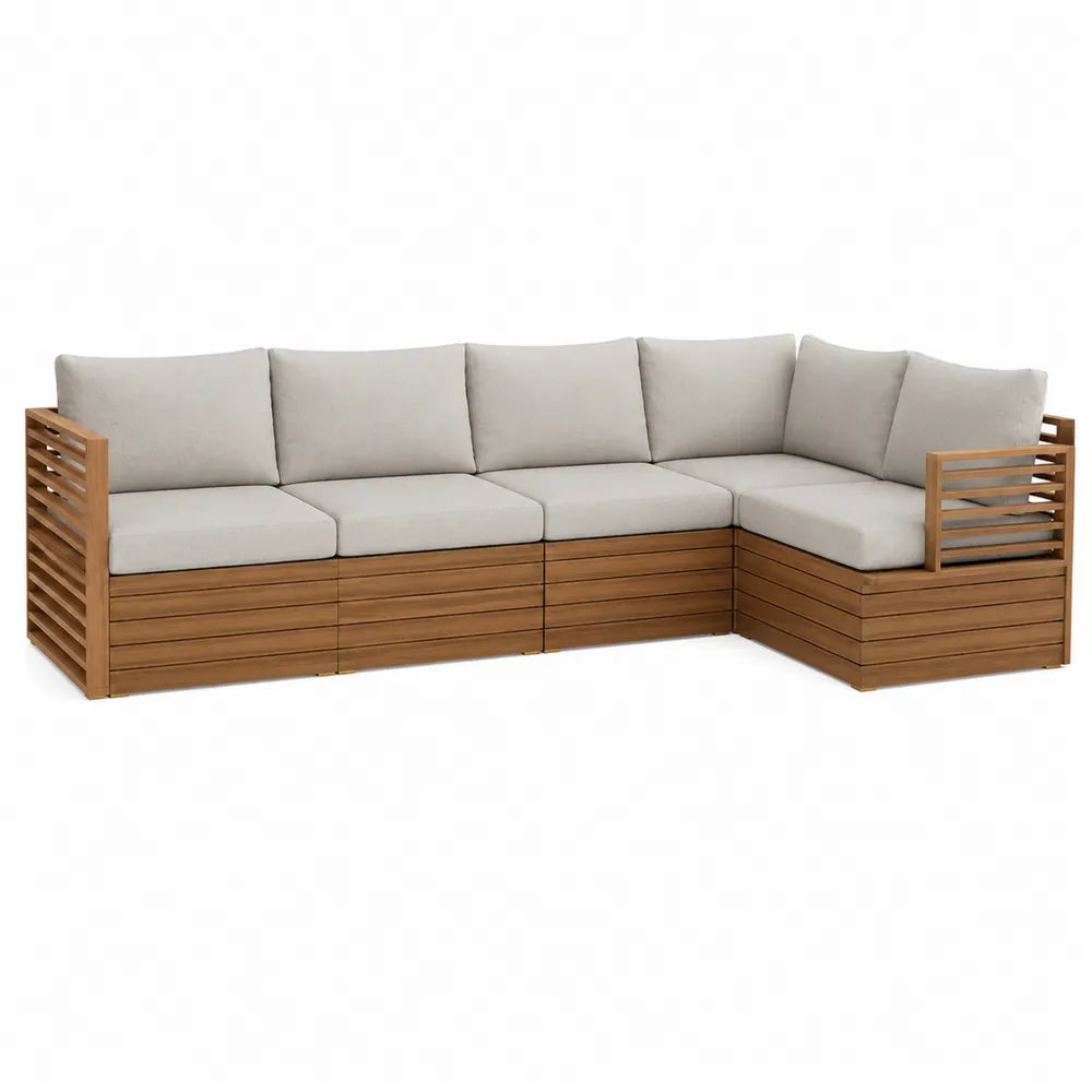 Sofá rinconero en L de madera teca con cojines de poliéster beige