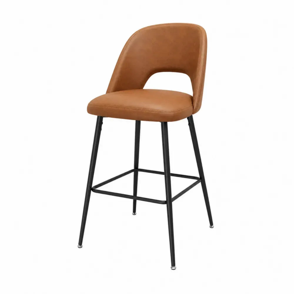 Taburete de piel sintética marrón con patas de metal negro