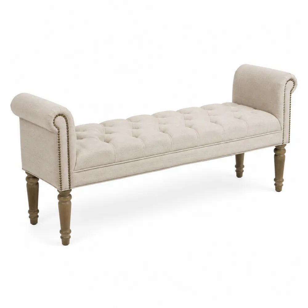 Banco de lino beige con patas de madera