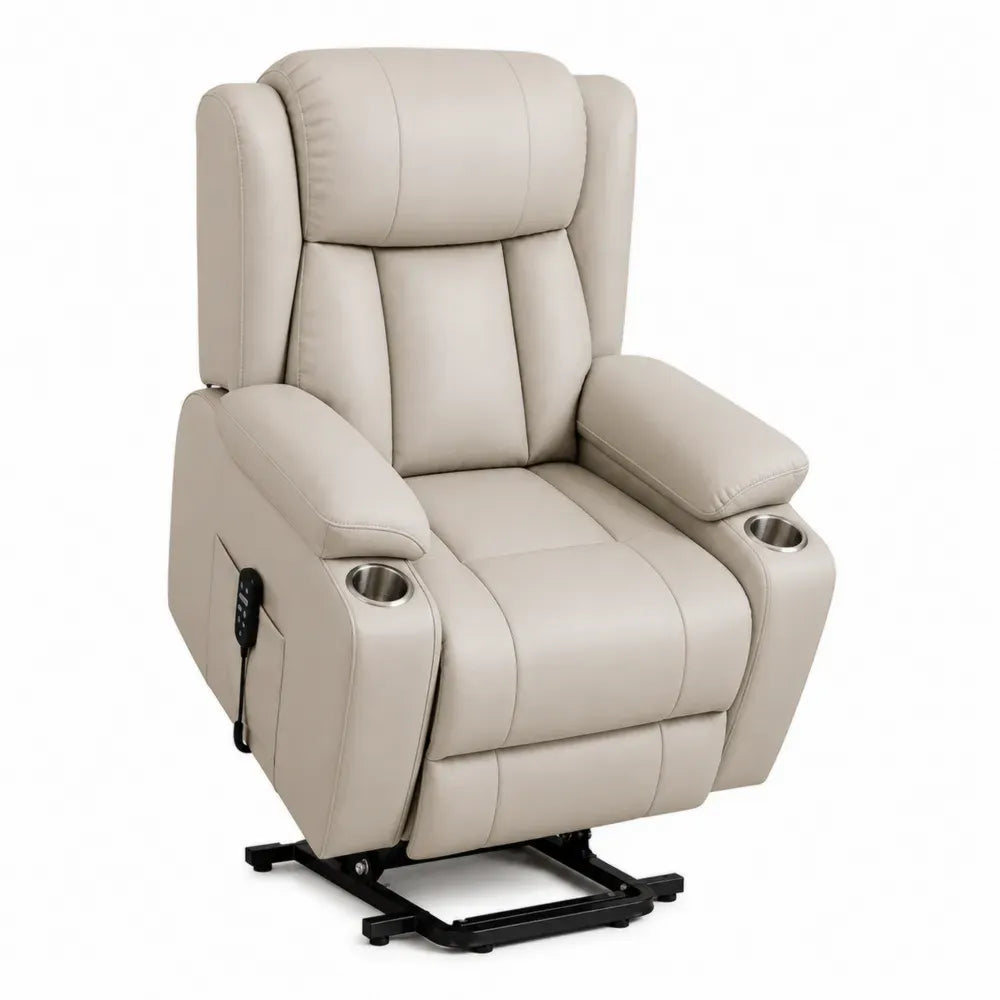 Sillón reclinable eléctrico de cuero sintético beige con portavasos