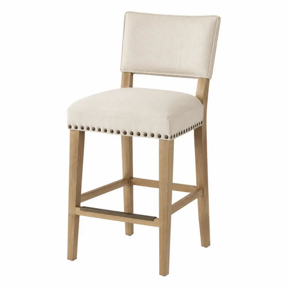 Taburete de Madera con Asiento Tapizado de Lino Beige