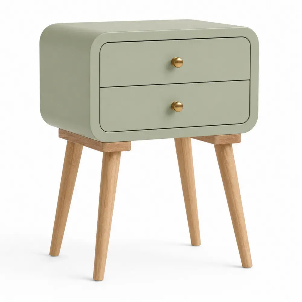 Mesita de noche de MDF y madera verde con cajones
