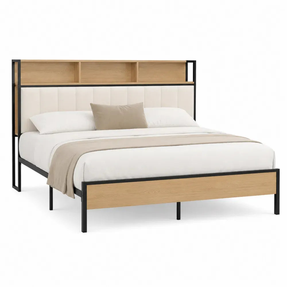 Cama de matrimonio con cabecero de almacenamiento madera y metal negro/beige 200x160 cm