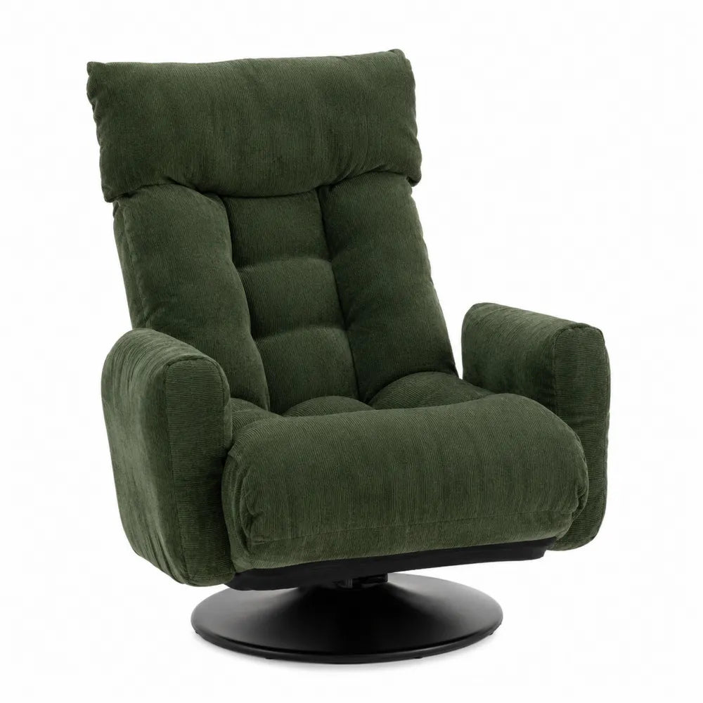 Sillón reclinable de pana verde con base giratoria de metal