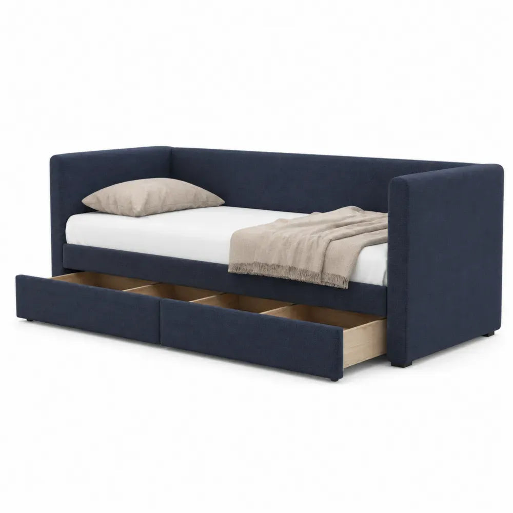 Cama nido con almacenamiento en tela azul oscuro y madera de 200x90 cm