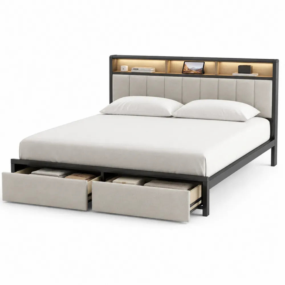 Cama doble de metal con cabecero almacenaje y LED, 160x200 cm, beige