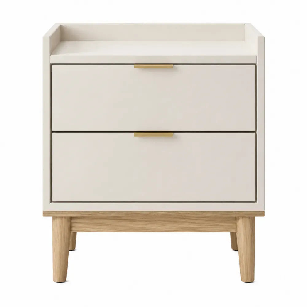 Mesita de noche de madera y melamina beige con cajones