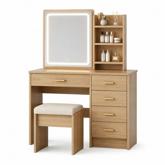 Tocador de Madera de Roble con Espejo LED y Taburete