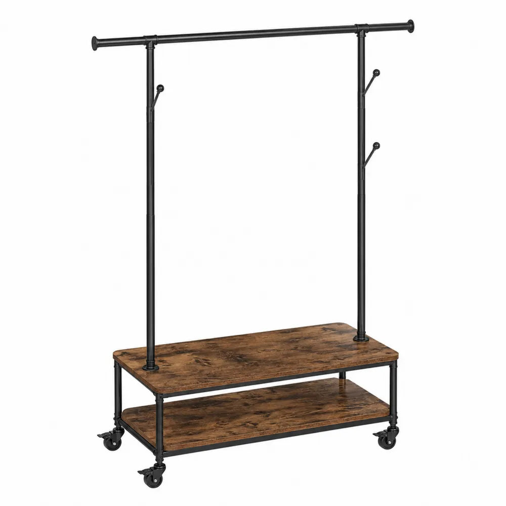 Perchero de madera y metal con ruedas marrón y negro