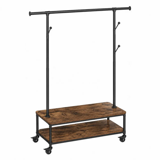 Perchero de madera y metal con ruedas marrón y negro