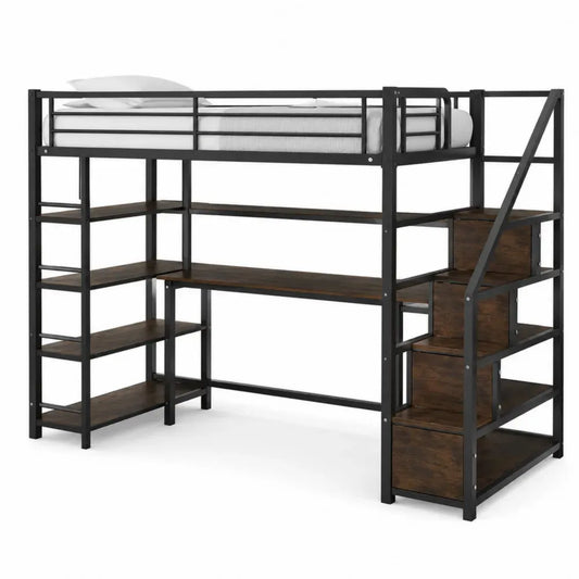 Litera Alta de Metal y Madera con Escritorio y Escalera