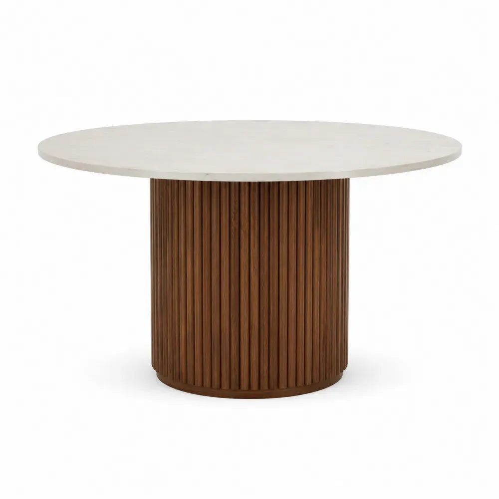 Mesa de comedor redonda de mármol y madera de nogal