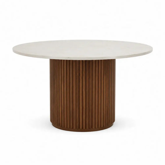 Mesa de comedor redonda de mármol y madera de nogal