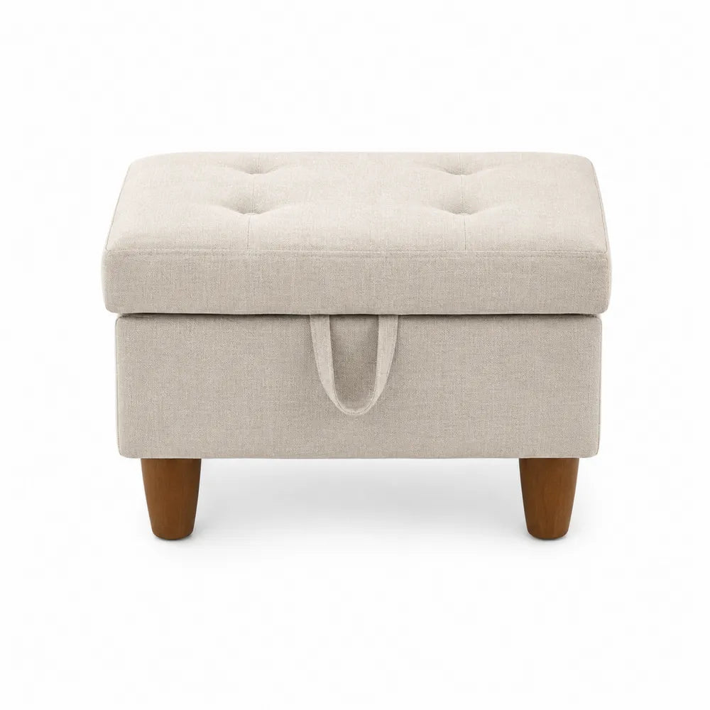 Reposapiés de lino beige con patas de madera
