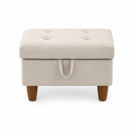 Reposapiés de lino beige con patas de madera