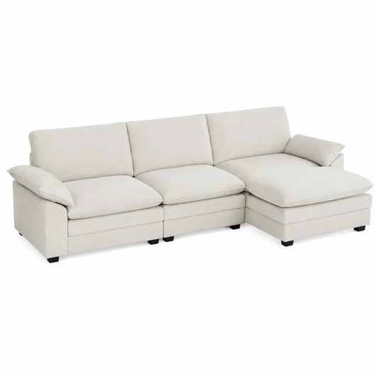 Sofá modular en L beige tapizado en poliéster con chaise longue