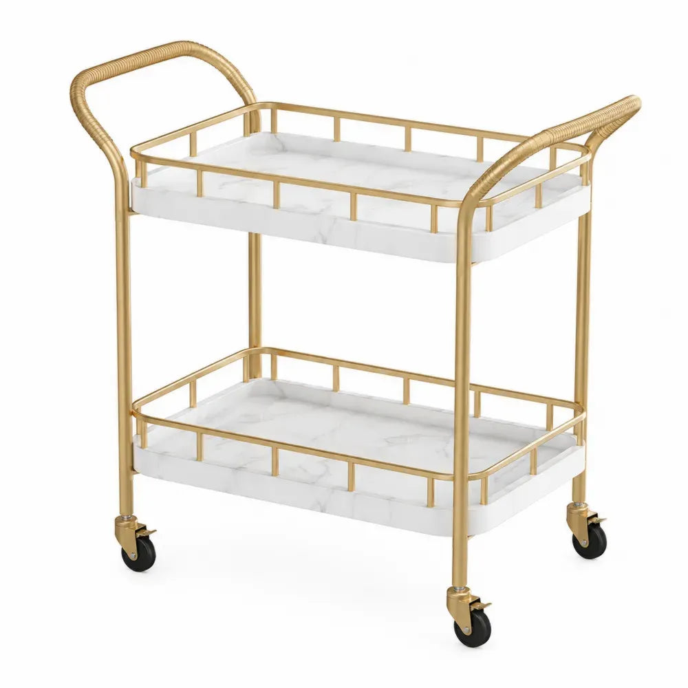 Carrito de metal dorado con estantes de mármol sintético