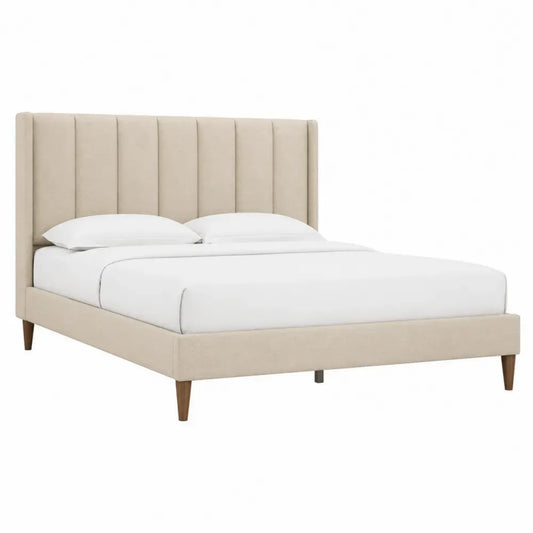 Cama tapizada beige con cabecero de poliéster y patas de madera 200cm x 160cm