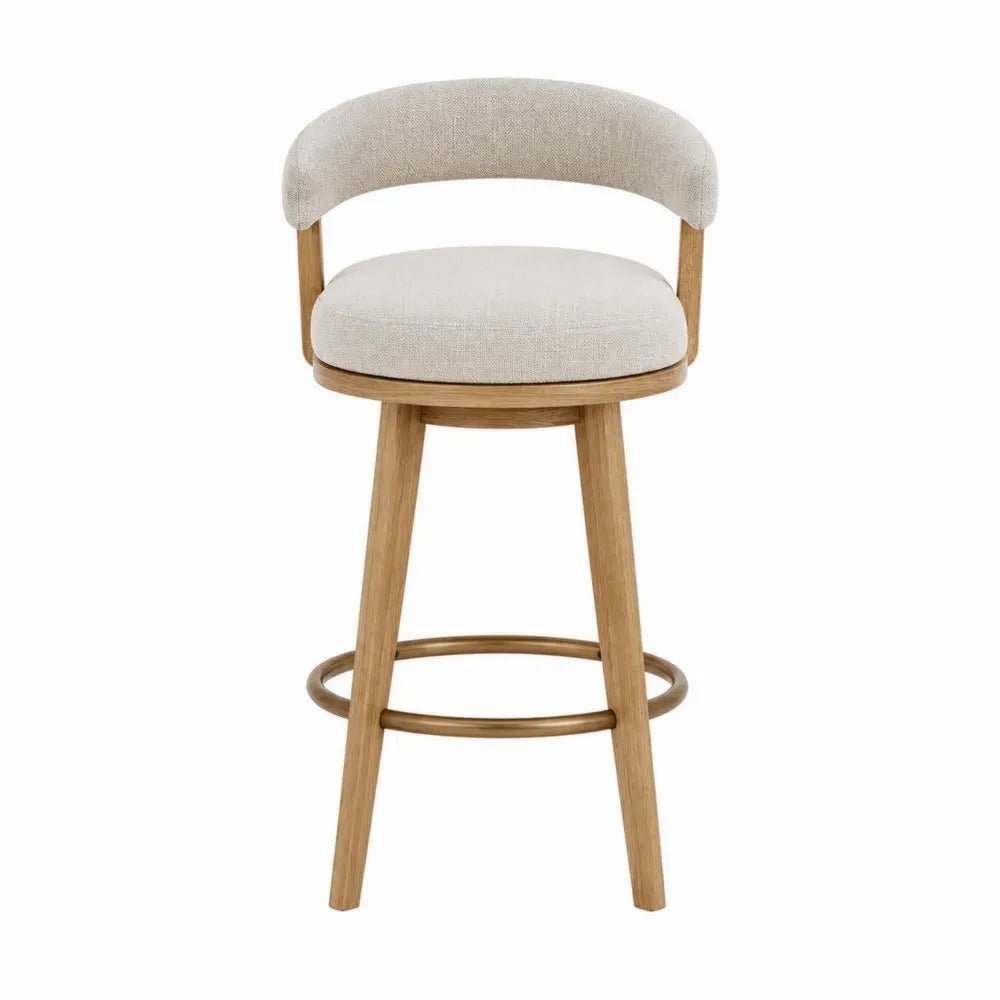 Taburete giratorio beige de tela y madera