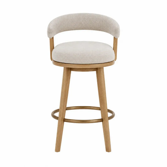 Taburete giratorio beige de tela y madera