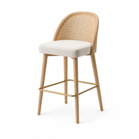 Taburete de madera y ratán con asiento beige