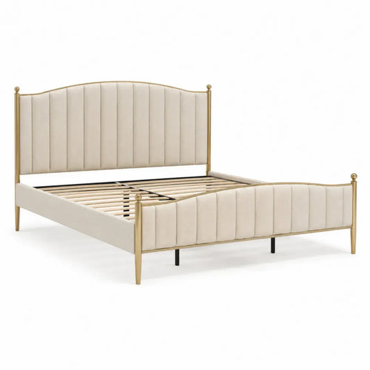 Cama tapizada de poliéster beige con estructura de metal dorado