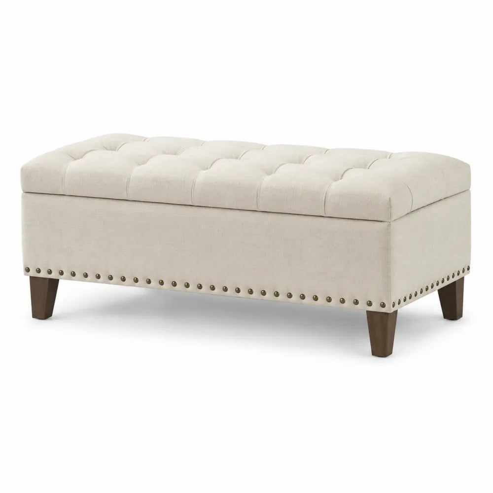 Baúl de almacenamiento de algodón beige con patas de madera
