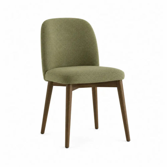 Silla tapizada en poliéster verde con patas de madera de roble