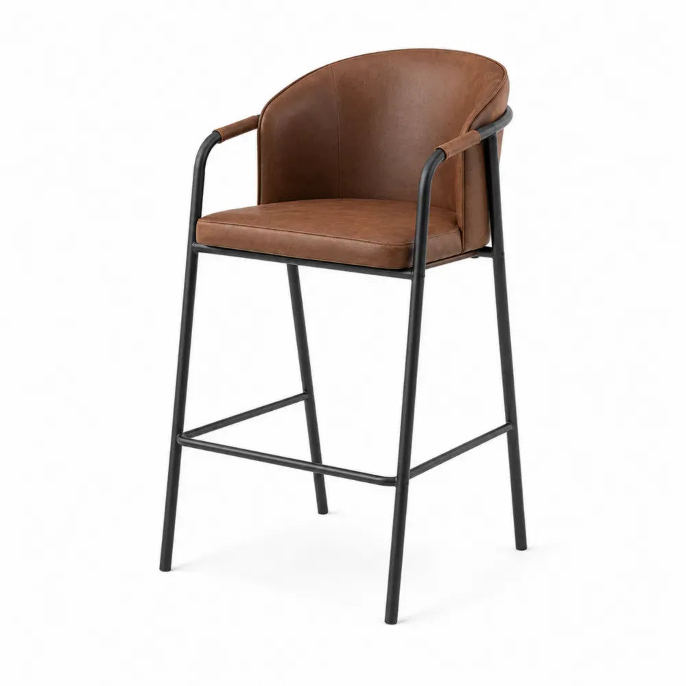 Taburete de acero con asiento de cuero sintético marrón