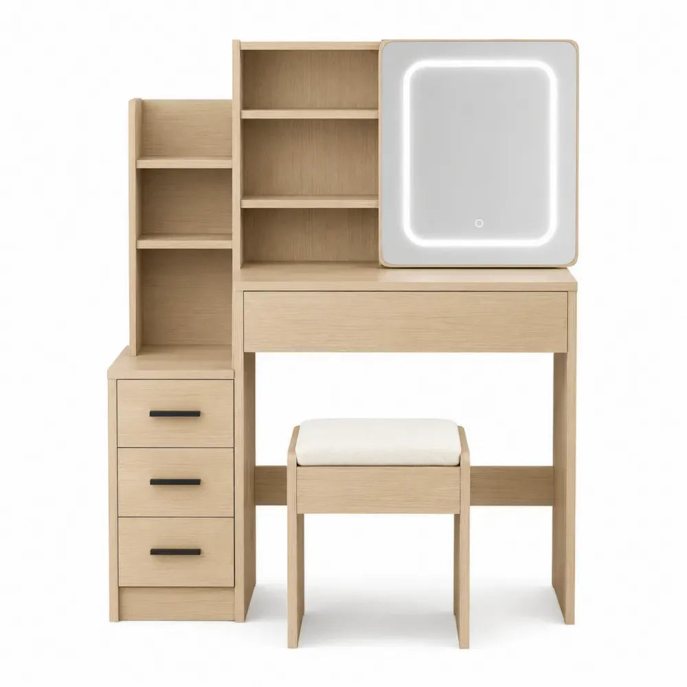 Tocador de madera con espejo LED y taburete 120x60x150 cm